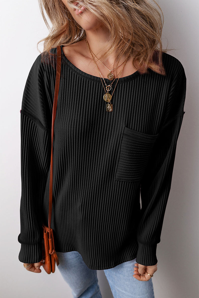 Pocketed Round Neck Long Sleeve Top - Maple Row Boutique 