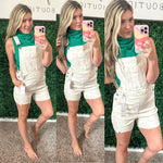 Anna High Rise Garment Dyed Cutoff Shortalls in Ecru - Maple Row Boutique 