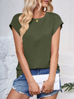 Textured Round Neck Cap Sleeve Blouse - Maple Row Boutique 