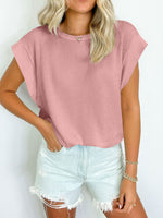 Textured Round Neck Cap Sleeve Blouse - Maple Row Boutique 