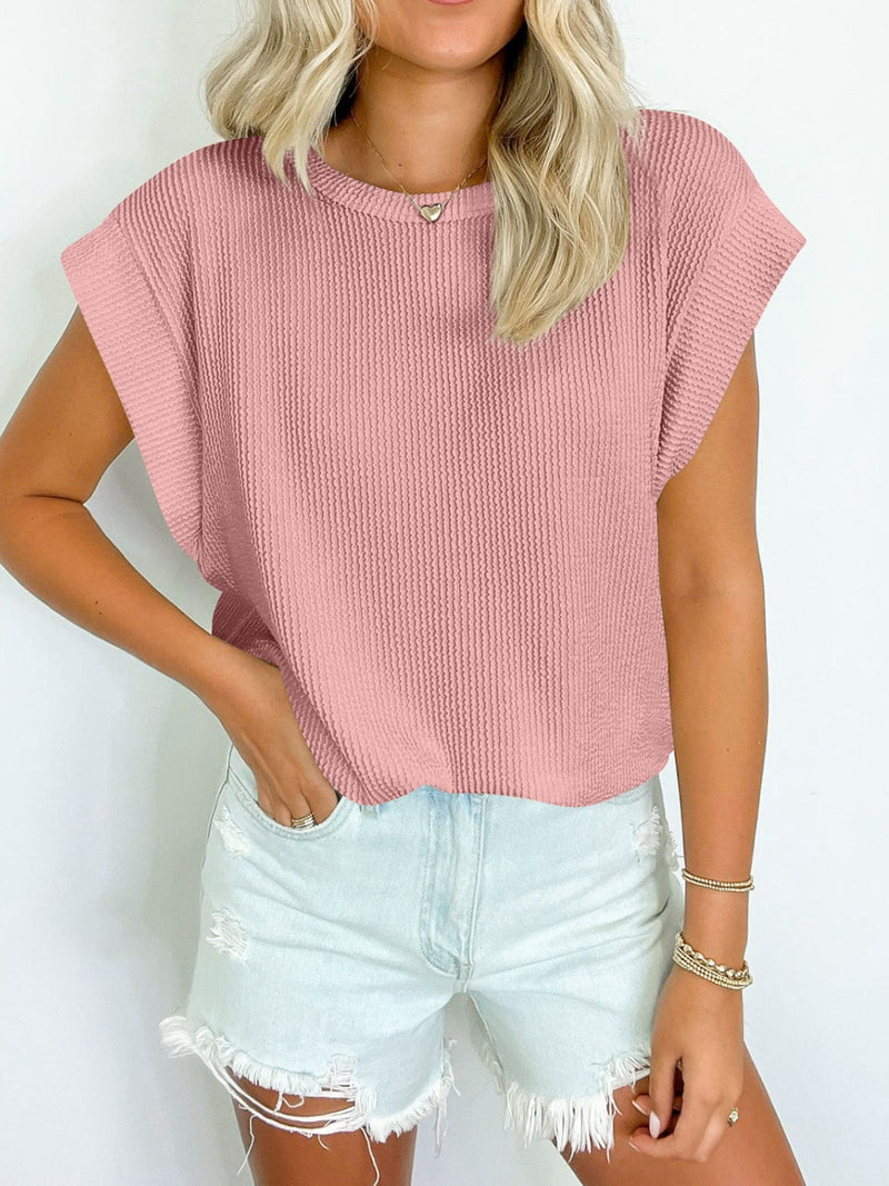 Textured Round Neck Cap Sleeve Blouse - Maple Row Boutique 