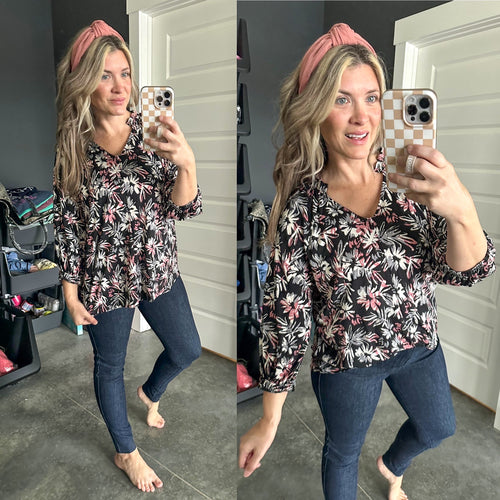 V Neck Blouse With Ruffle Detail In Abstract Florals - Maple Row Boutique 