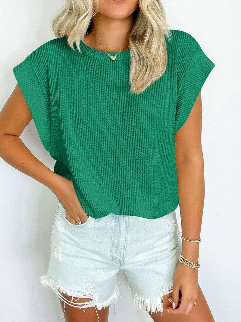 Textured Round Neck Cap Sleeve Blouse - Maple Row Boutique 