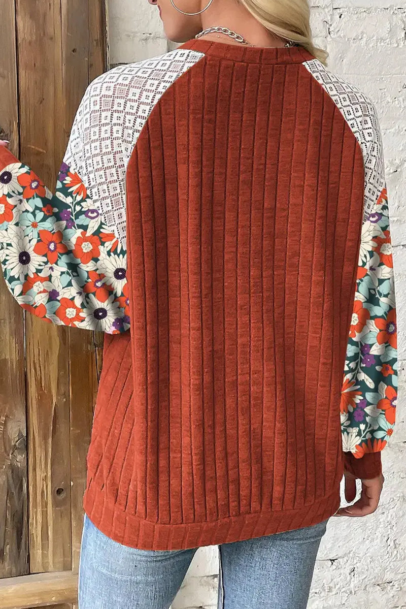 Printed Round Neck Long Sleeve Top - Maple Row Boutique 