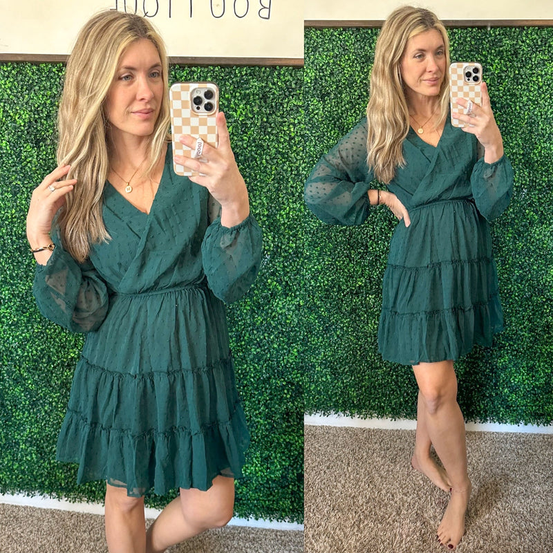 Starlit Glow V-Neck Tiered Dress in Hunter Green - Maple Row Boutique 