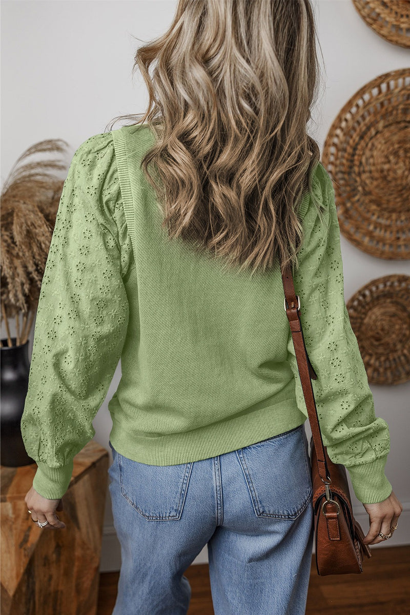 Eyelet Round Neck Long Sleeve Sweatshirt - Maple Row Boutique 