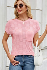 Checkered Round Neck Short Sleeve Knit Top - Maple Row Boutique