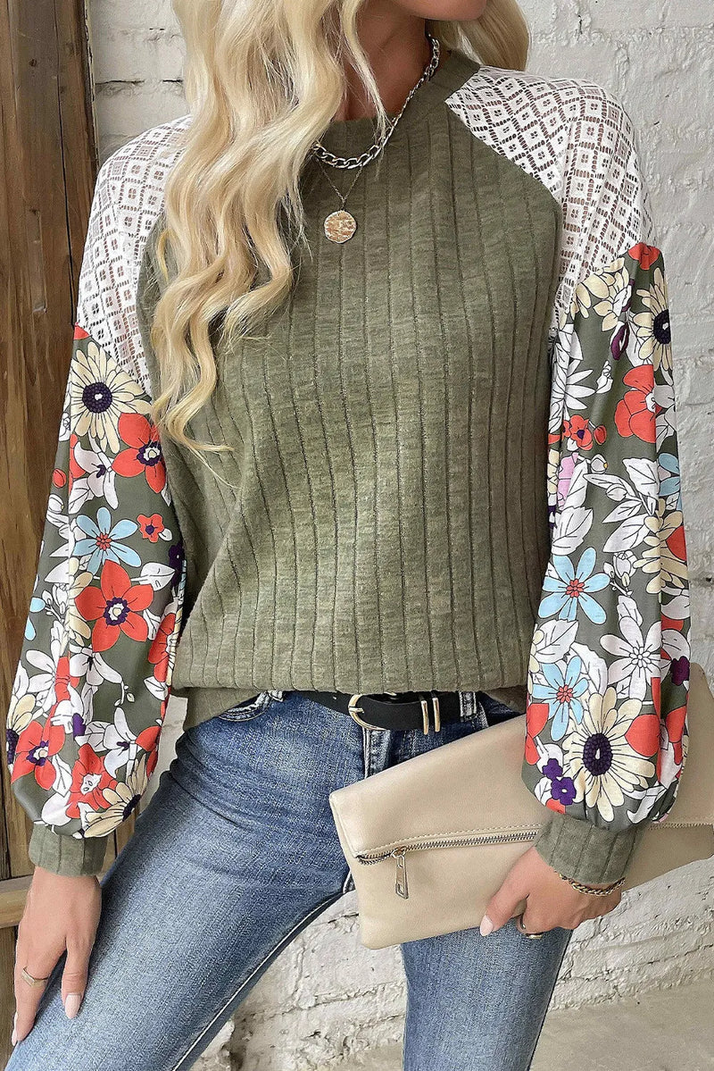 Printed Round Neck Long Sleeve Top - Maple Row Boutique 