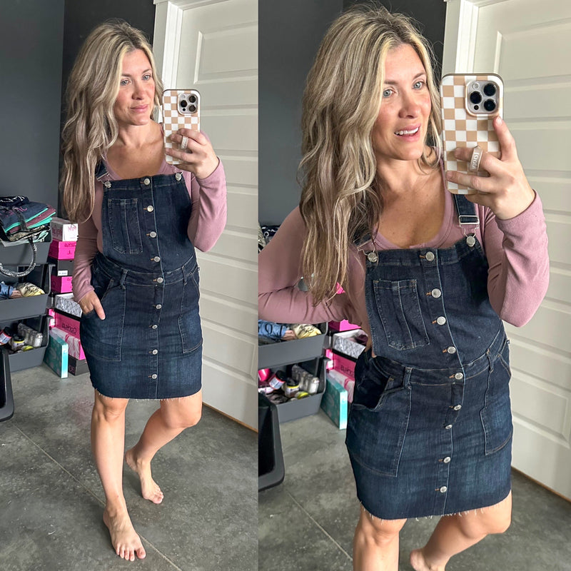 Dark Wash Stretchy Overall Dress By Judy Blue Jeans - Maple Row Boutique 