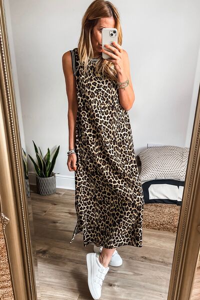 Side Slit Leopard Sleeveless Maxi Dress - Maple Row Boutique