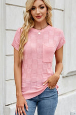 Checkered Round Neck Short Sleeve Knit Top - Maple Row Boutique