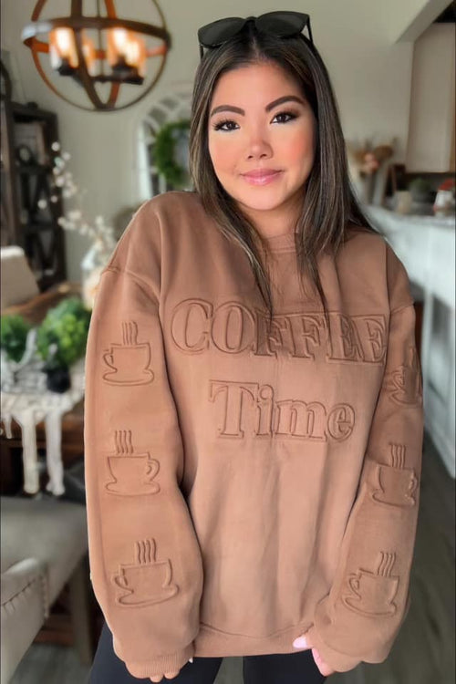 Coffee Embossed Sweatshirt - Maple Row Boutique