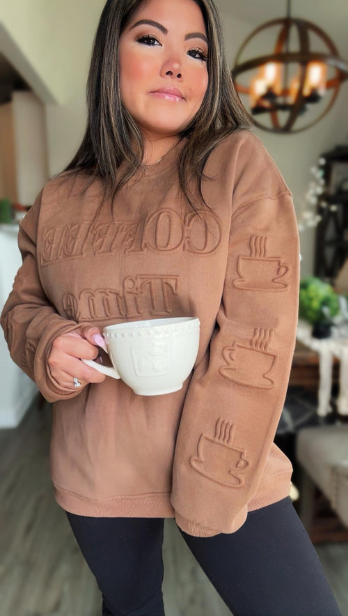 Coffee Embossed Sweatshirt - Maple Row Boutique