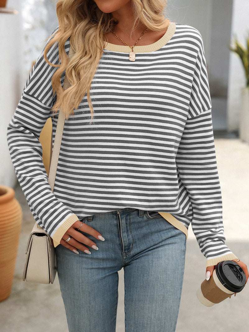 Mandy Striped Round Neck Long Sleeve Sweater - Maple Row Boutique 