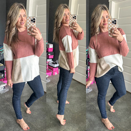 Color Block Knit Sweater In Mauve, Taupe & White - Maple Row Boutique