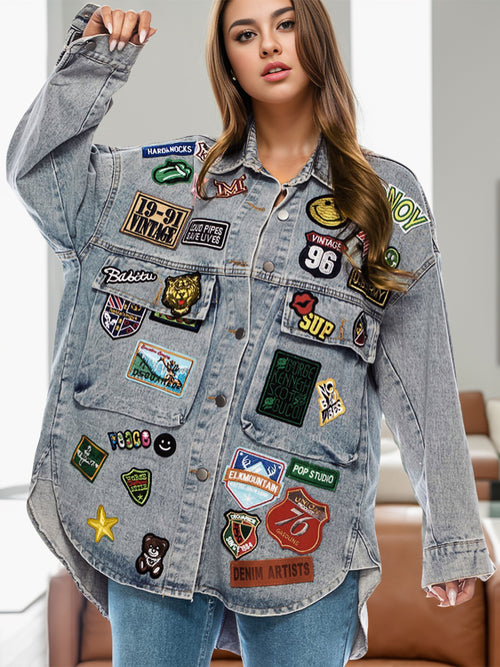 Embroidered Patch Button Up Long Sleeve Denim Jacket - Maple Row Boutique 