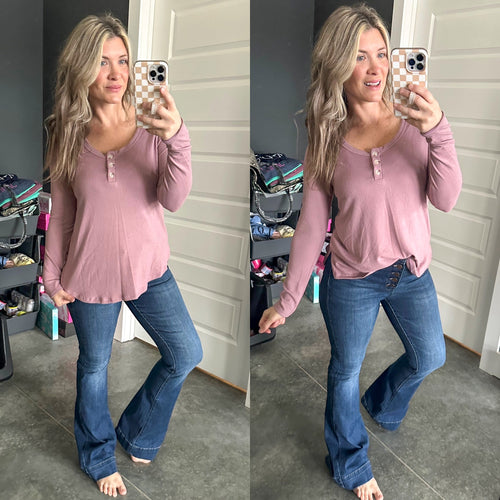 Button Front Long Sleeve Knit Henley In Dusty Lavender - Maple Row Boutique 