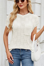 Checkered Round Neck Short Sleeve Knit Top - Maple Row Boutique