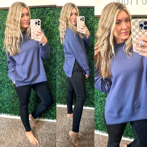 It's The Little Things Relaxed Scuba Pullover in Blue Indigo - Maple Row Boutique 