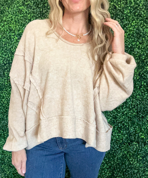 Leave It To Chance Hooded Scoop Neck Pullover in Beige - Maple Row Boutique 