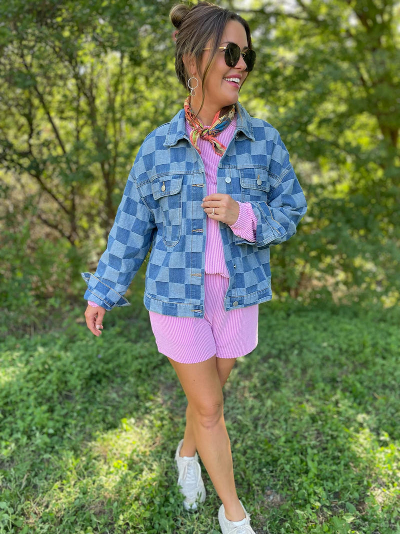 Checkered Denim Jacket - Maple Row Boutique