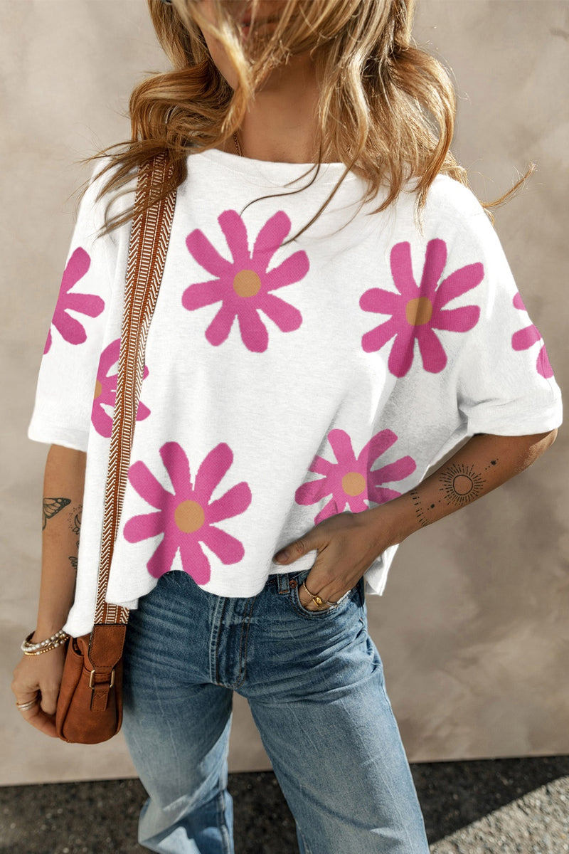 Flower Round Neck Half Sleeve T-Shirt - Maple Row Boutique 