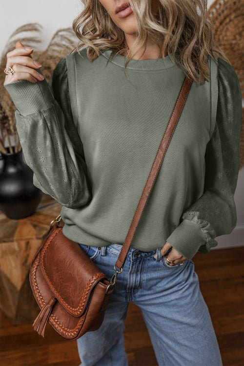 Eyelet Round Neck Long Sleeve Sweatshirt - Maple Row Boutique 