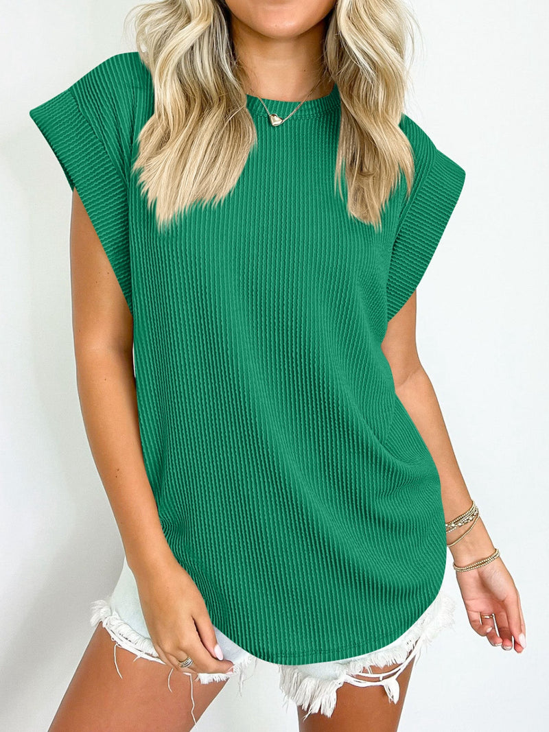 Textured Round Neck Cap Sleeve Blouse - Maple Row Boutique 