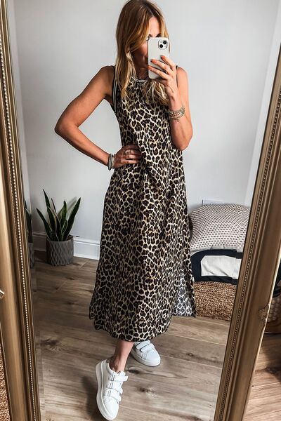 Side Slit Leopard Sleeveless Maxi Dress - Maple Row Boutique