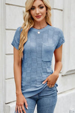 Checkered Round Neck Short Sleeve Knit Top - Maple Row Boutique