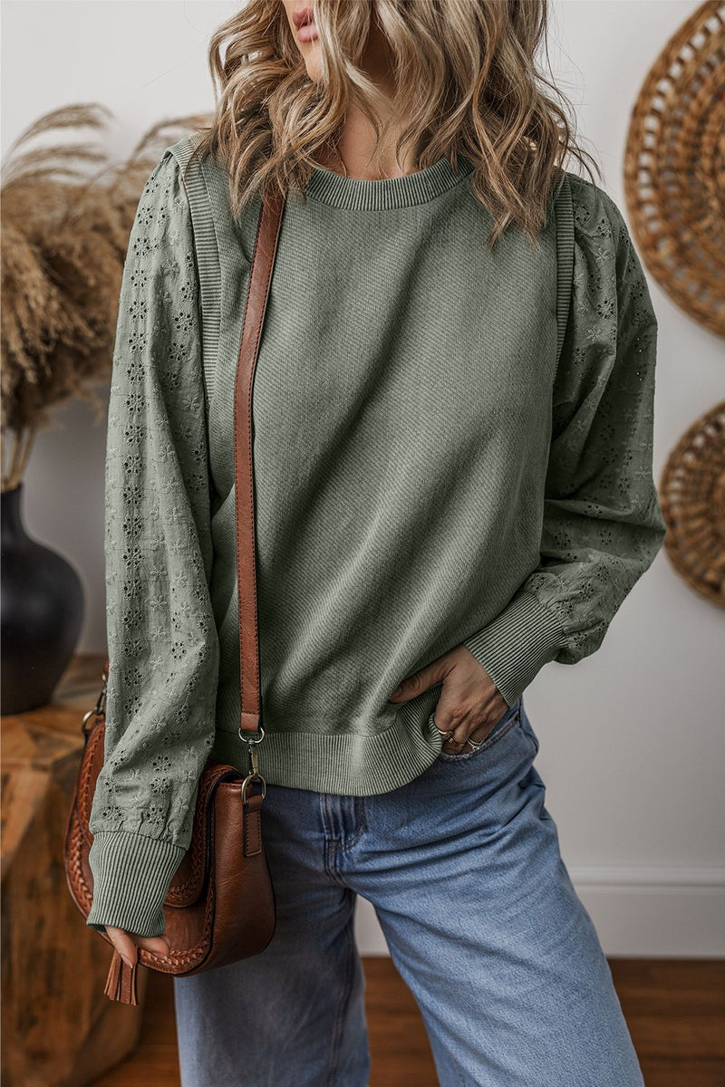 Eyelet Round Neck Long Sleeve Sweatshirt - Maple Row Boutique 