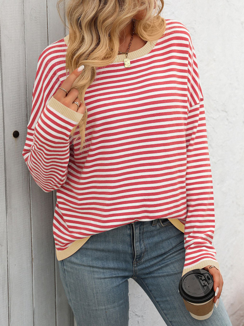 Mandy Striped Round Neck Long Sleeve Sweater - Maple Row Boutique 