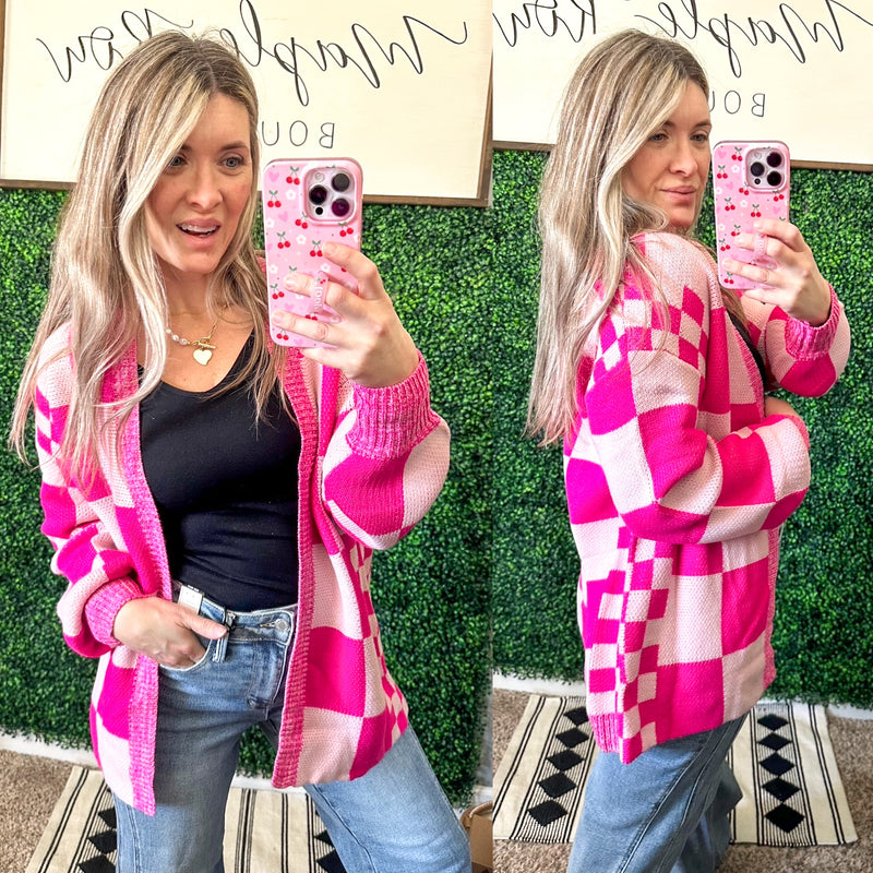 Pink Checkered Cardigan - Maple Row Boutique