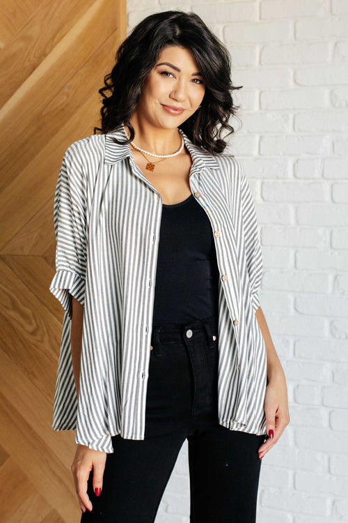 Boxy Striped Button Up in Black - Maple Row Boutique 