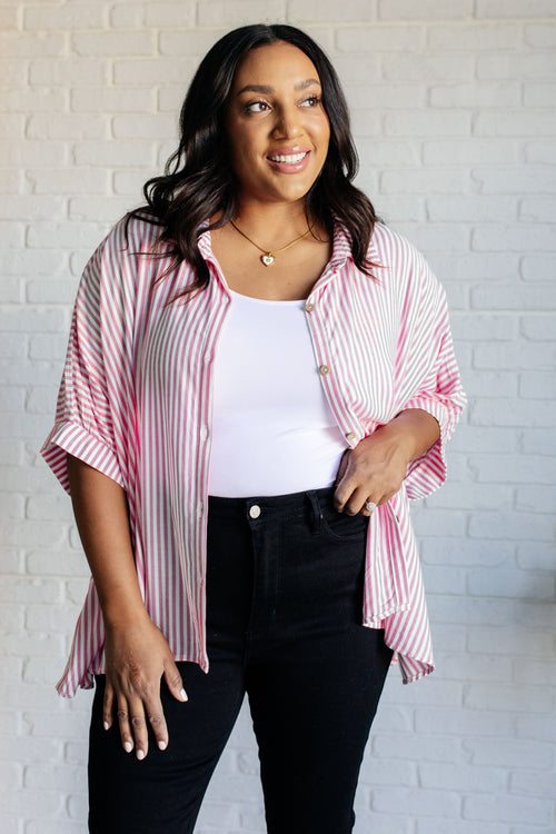 Boxy Striped Button Up in Hot Pink - Maple Row Boutique 