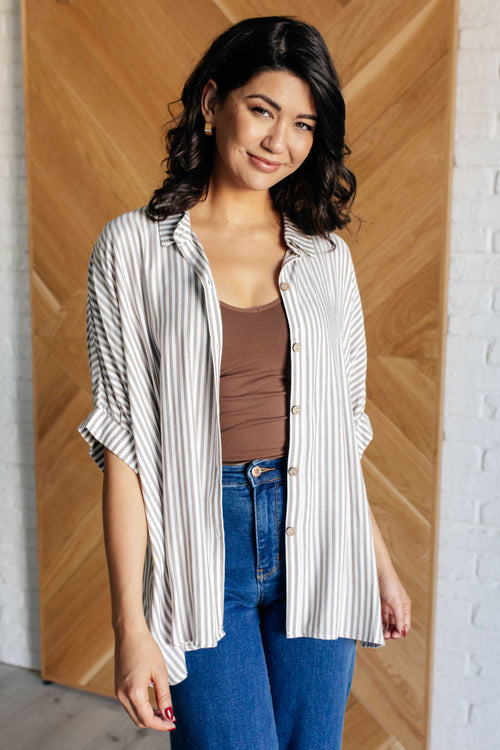 Boxy Striped Button Up in Mocha - Maple Row Boutique 