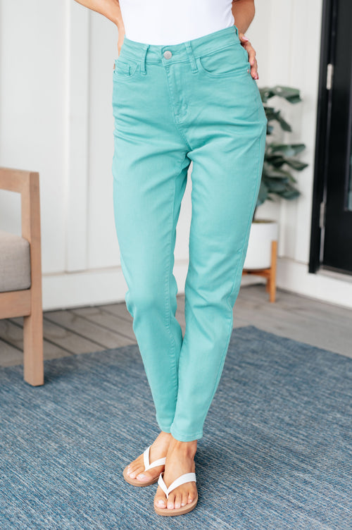 Bridgette High Rise Garment Dyed Slim Jeans in Aquamarine - Maple Row Boutique 