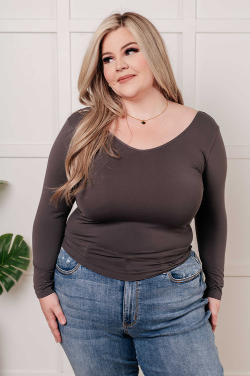 Bring in the Basics Seamless Reversible V-Neck Charcoal - Maple Row Boutique 