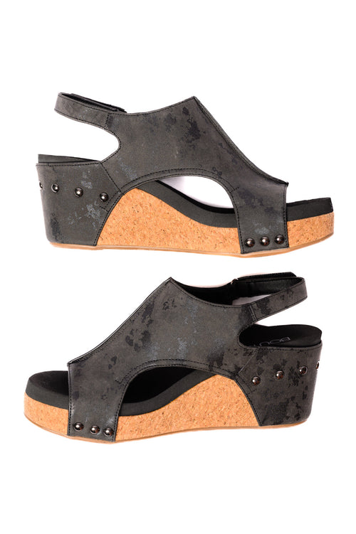 Carley Wedge Sandals in Black Metallic - Maple Row Boutique 