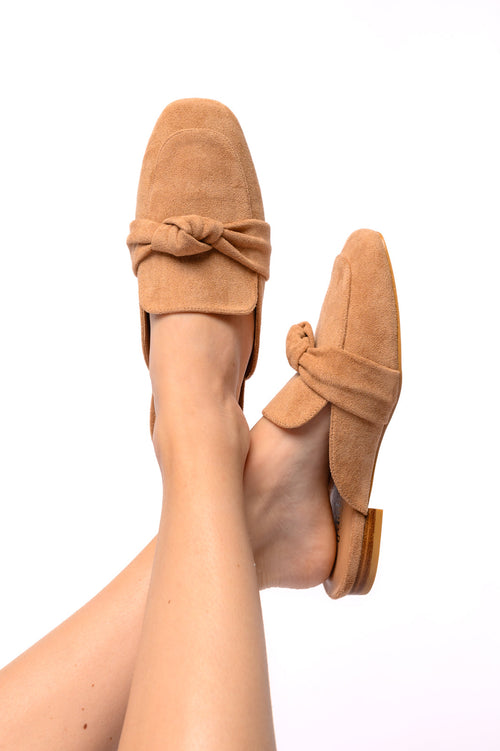 Clingy Mules in Camel Faux Suede - Maple Row Boutique 