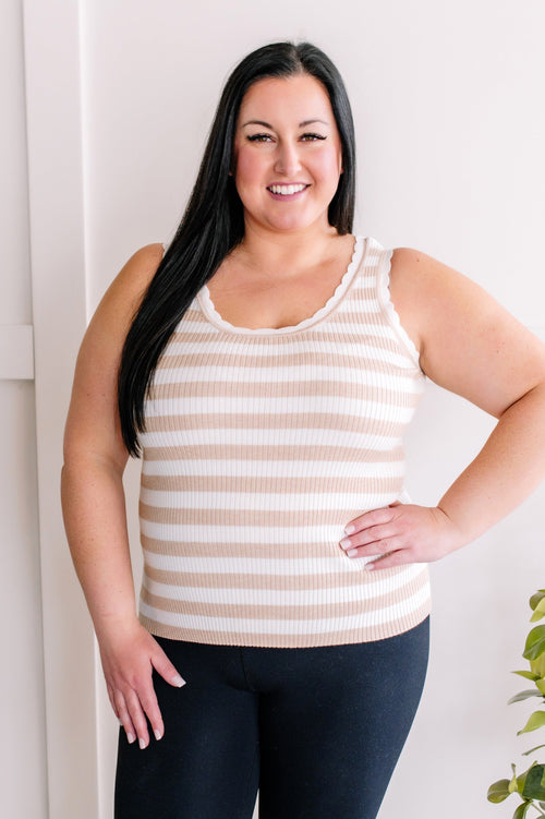 Scalloped Sleeveless Top In Tan & White Stripes - Maple Row Boutique