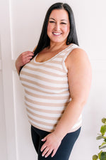 Scalloped Sleeveless Top In Tan & White Stripes - Maple Row Boutique