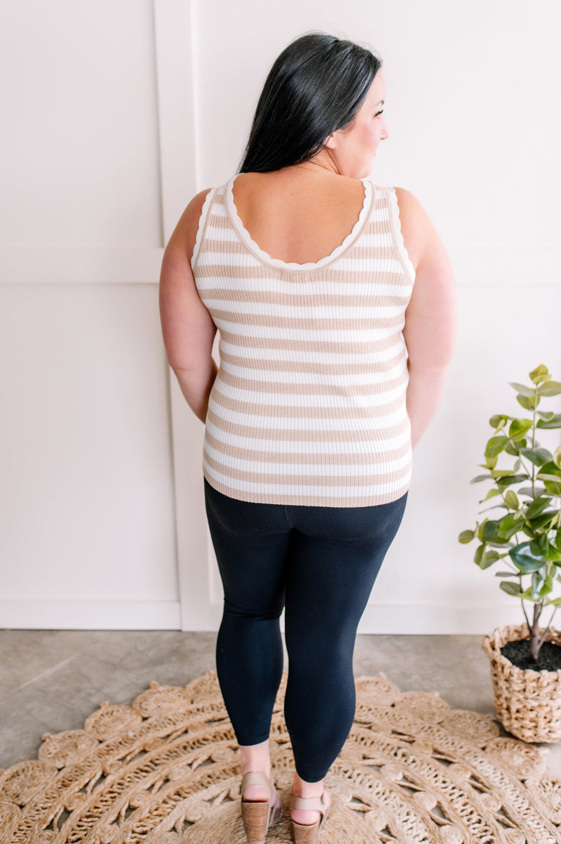 Scalloped Sleeveless Top In Tan & White Stripes - Maple Row Boutique