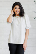 Diamonds and Pearls Puff Sleeve Top in Light Grey - Maple Row Boutique 