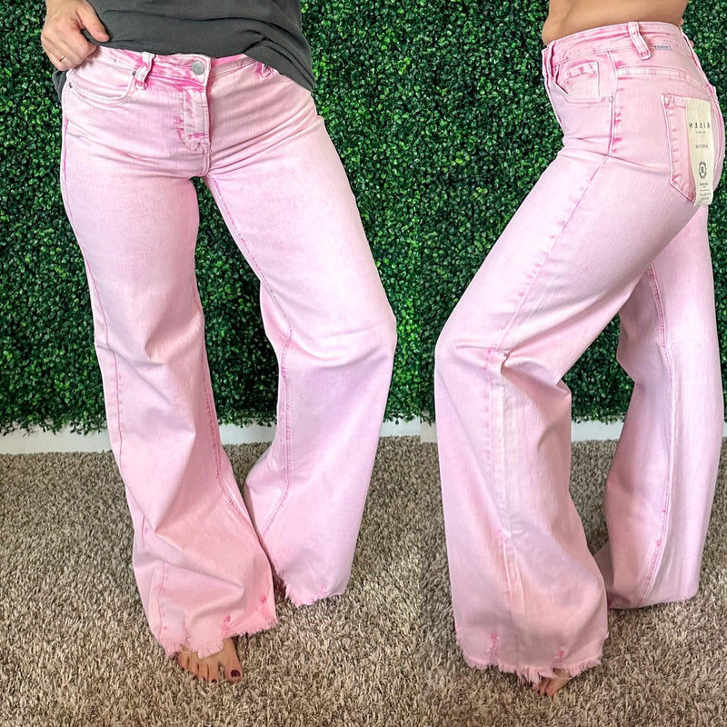 Babs High Rise Distressed Straight Jeans in Pink - Maple Row Boutique