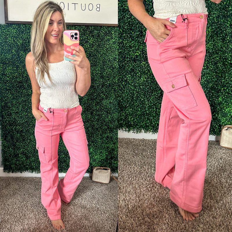 Peggy High Rise Cargo Straight Jeans in Pink - Maple Row Boutique 