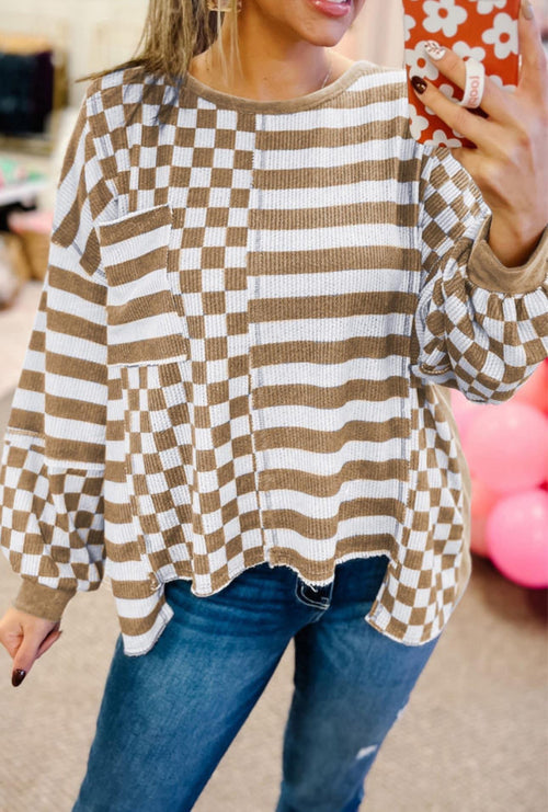 Check Twice Top in Mocha - Maple Row Boutique 