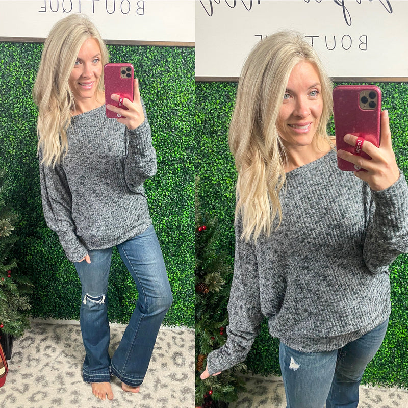 Warm Thoughts Ribbed Top in Charcoal - Maple Row Boutique 