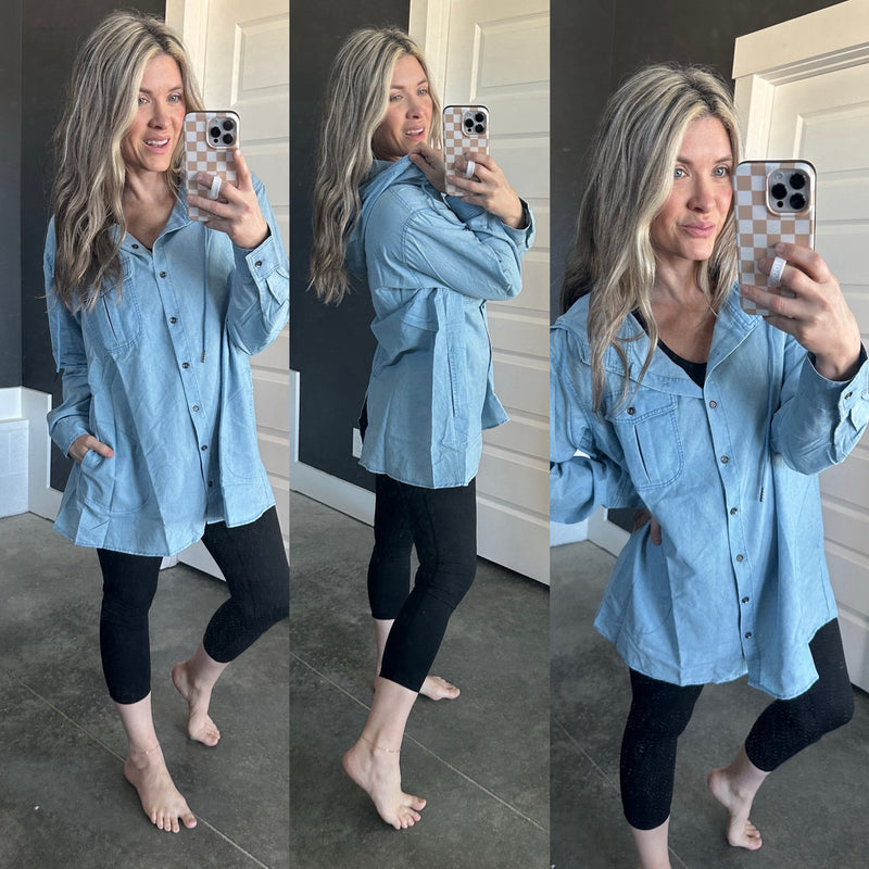 Hooded Button Front Top In Light Denim - Maple Row Boutique 