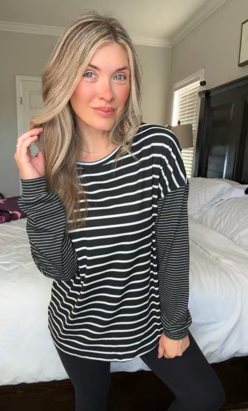 Super Clever Patchwork Striped Top in Black - Maple Row Boutique